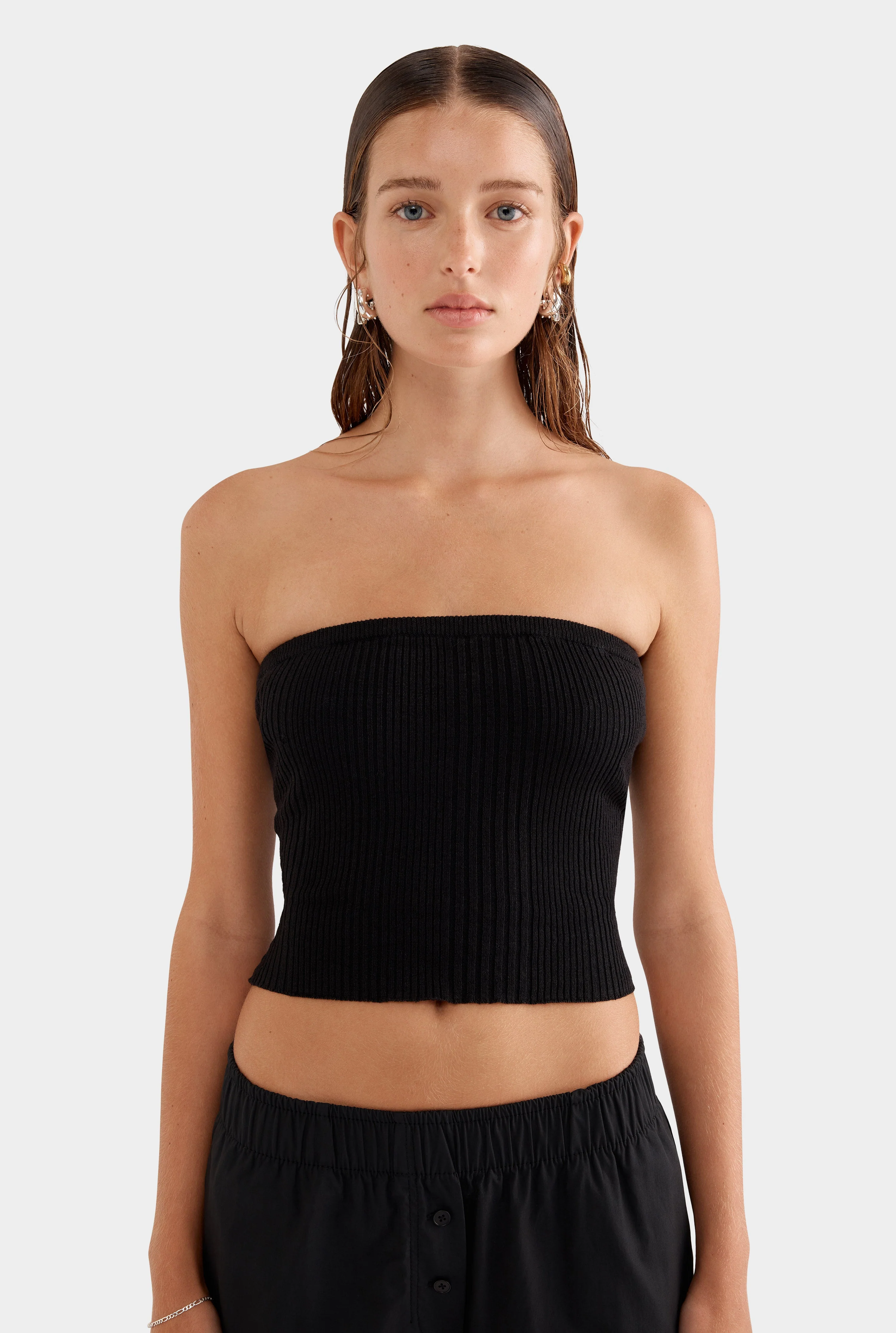 Group-Strapless Linen Knit Top